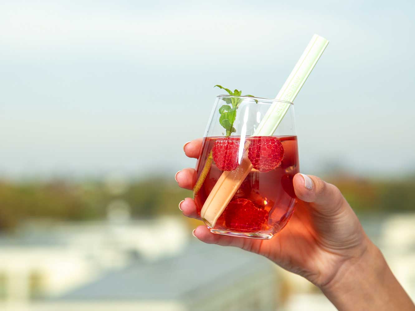 Eine Person hält ein rotes Glas mit einem bedruckten Strohhalm von Sliderstraw.